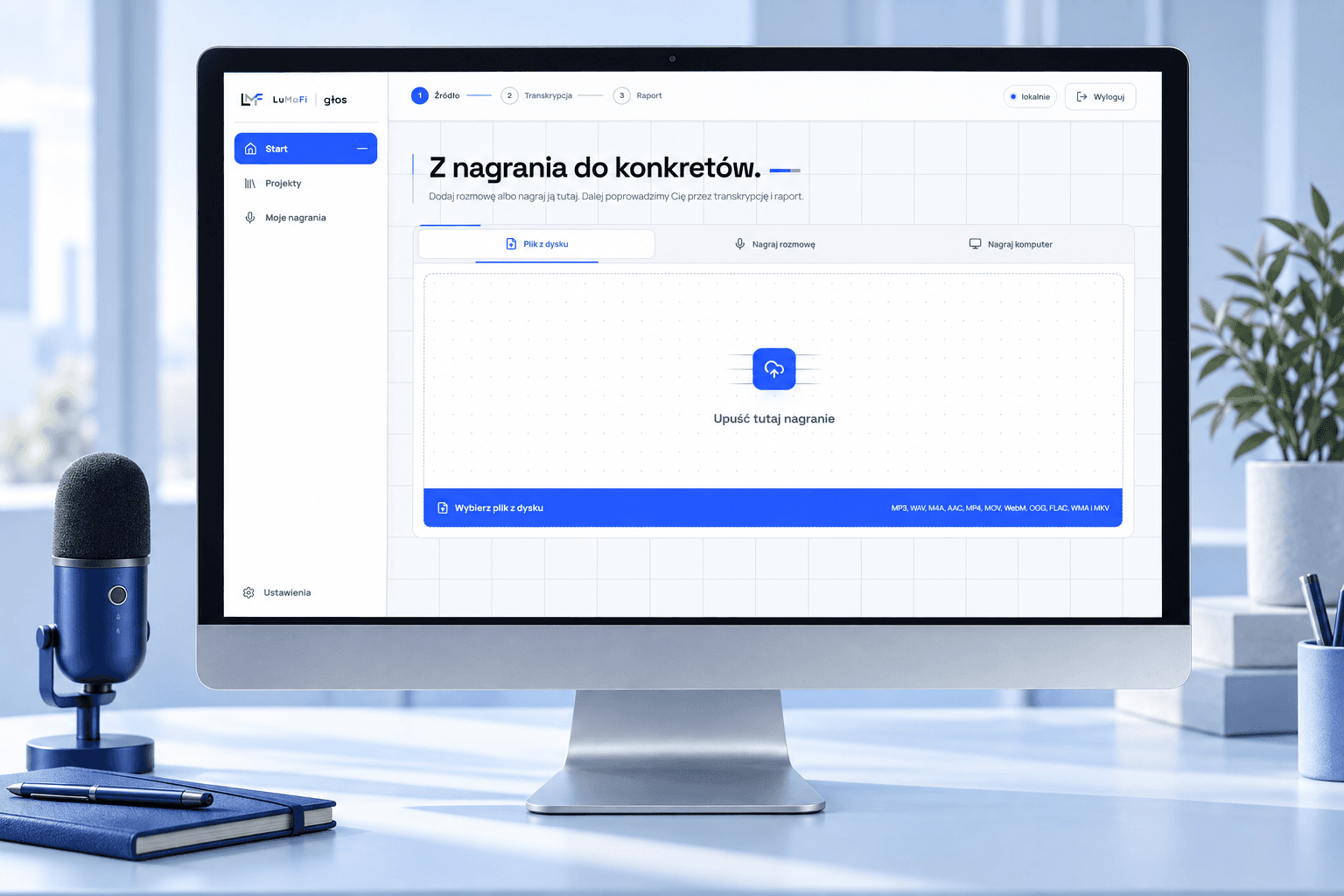 Lumafi Astran na komputerze — Zacznij od rozmowy. Wizualizacja marketingowa ekranu aplikacji.