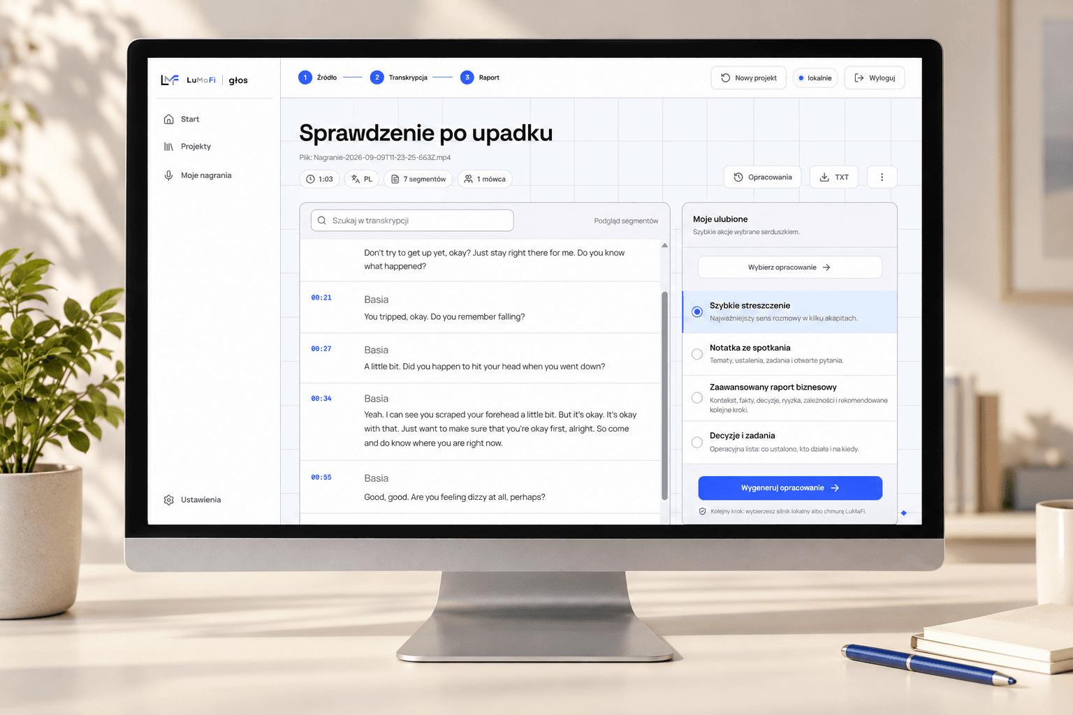 Lumafi Astran na komputerze — Od tekstu do opracowania. Wizualizacja marketingowa ekranu aplikacji.